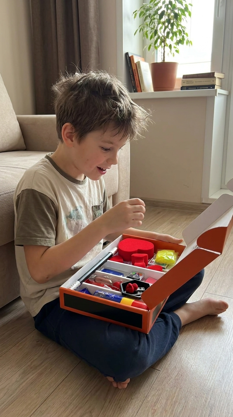 Boy opening the magic kit