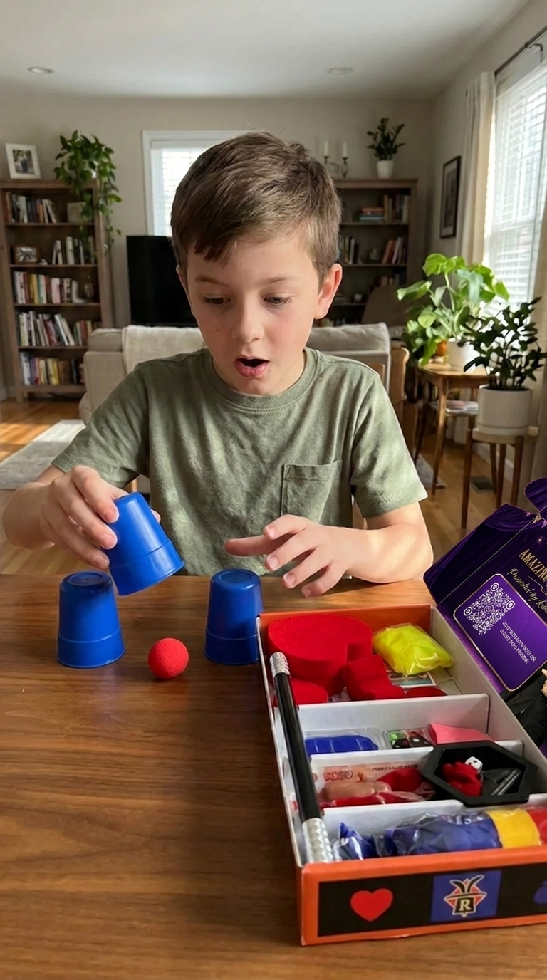Boy practicing cups and balls